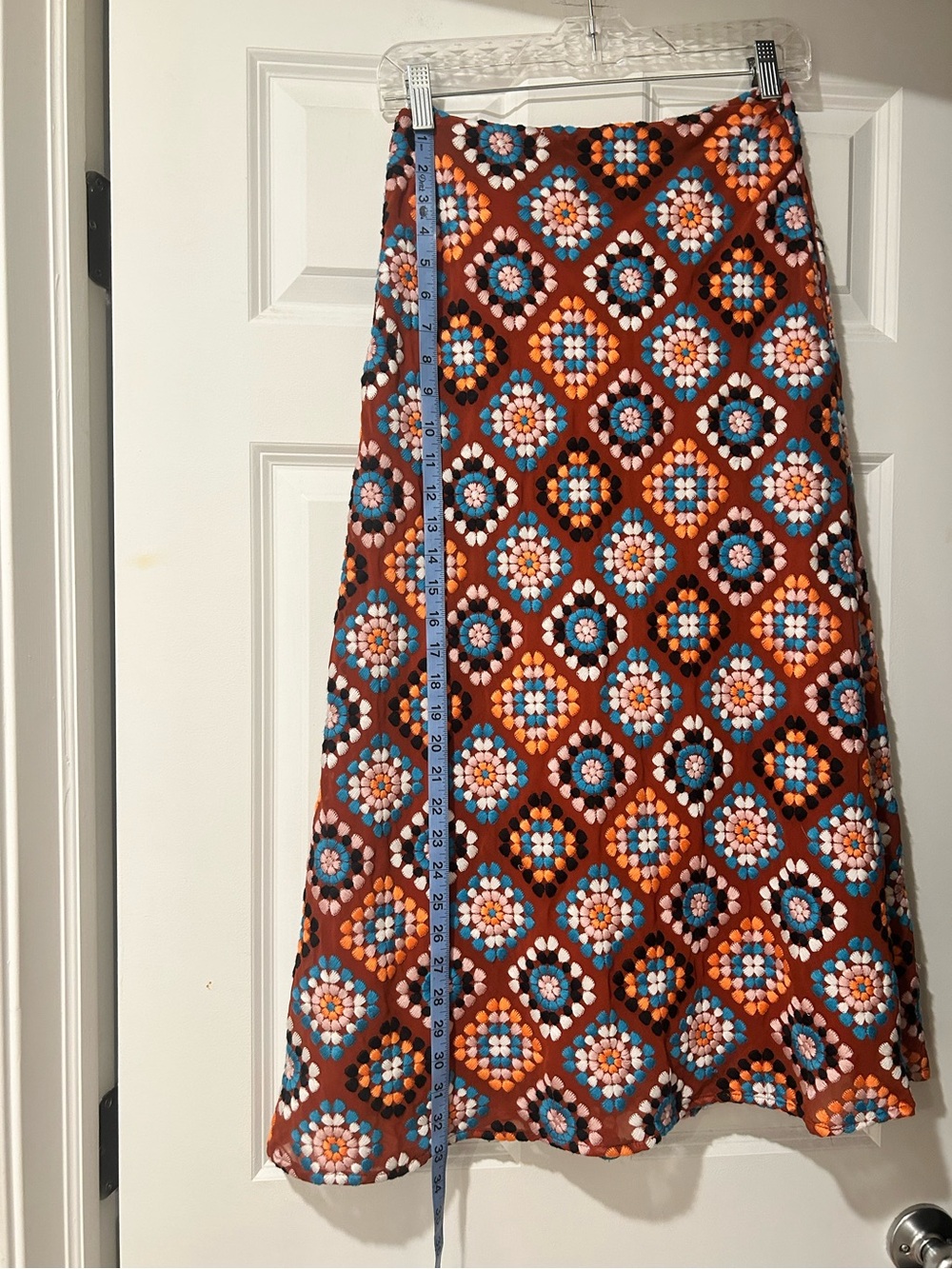Anthropologie Rust & Boho Tile Embroidered Granny Square Midi Skirt - Picture 6 of 11